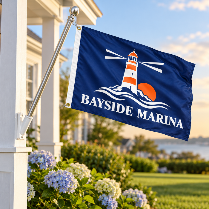 2 x 3 ft custom flag on the silver pole and white wall bracket kit mounted on a porch post