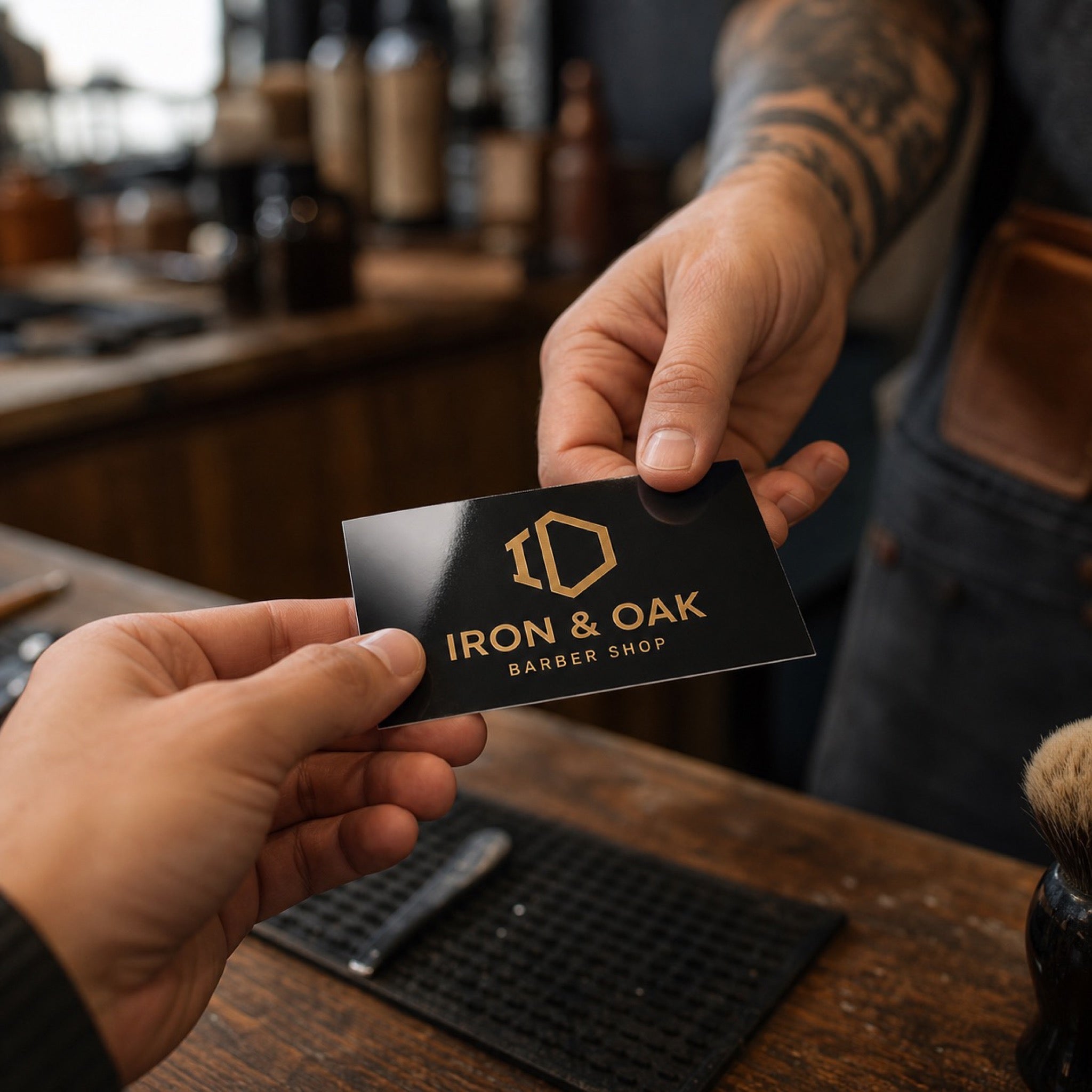 Premium Glossy Business Cards in use - being handed across a workbench in a barber shop