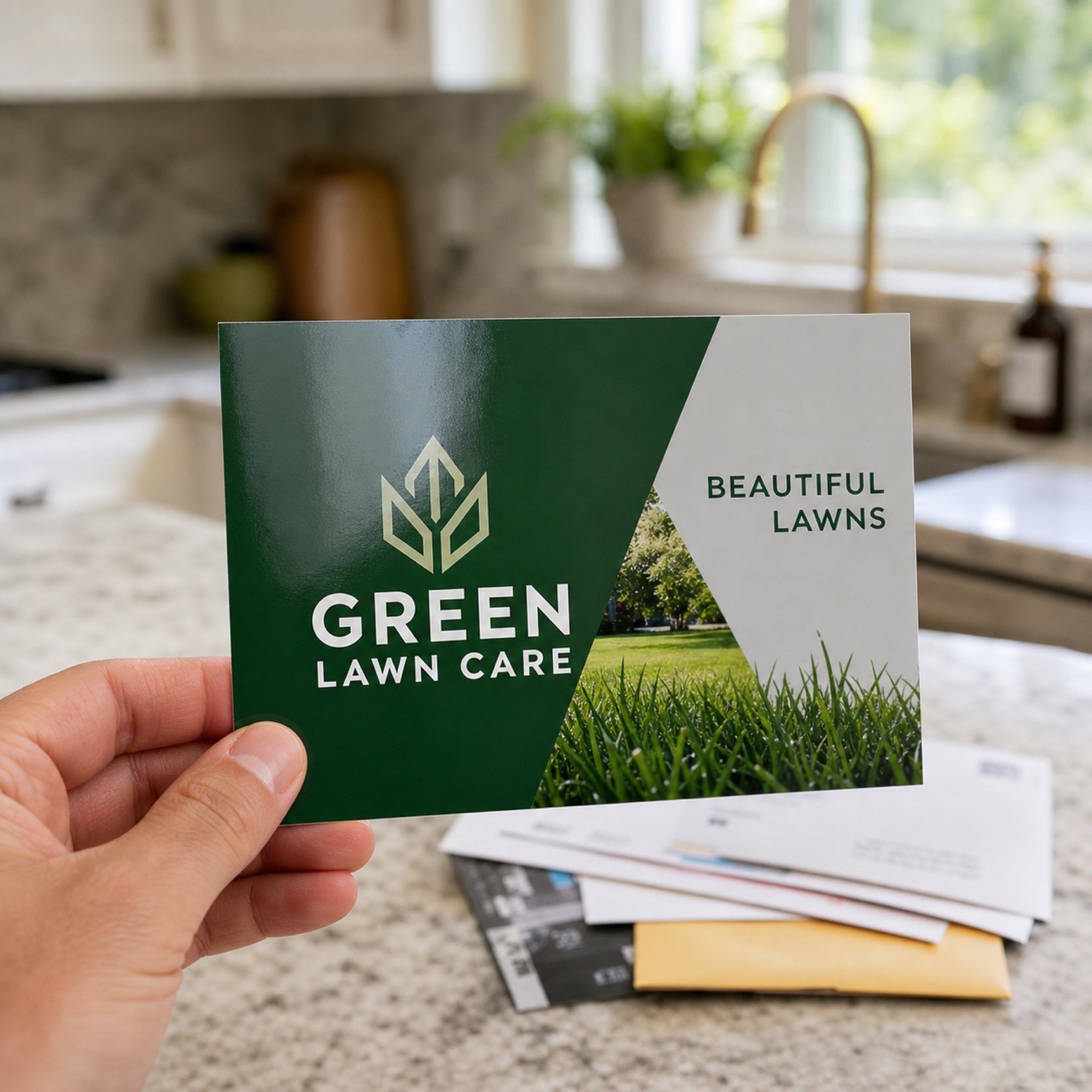 Premium Glossy Postcards in use - held in one hand at a kitchen counter