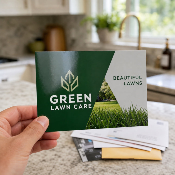 Premium Glossy Postcards in use - held in one hand at a kitchen counter