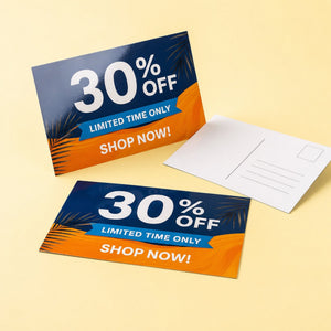 Premium Glossy Postcards printed as a direct mail promotion, a large offer figure and a short call to action
