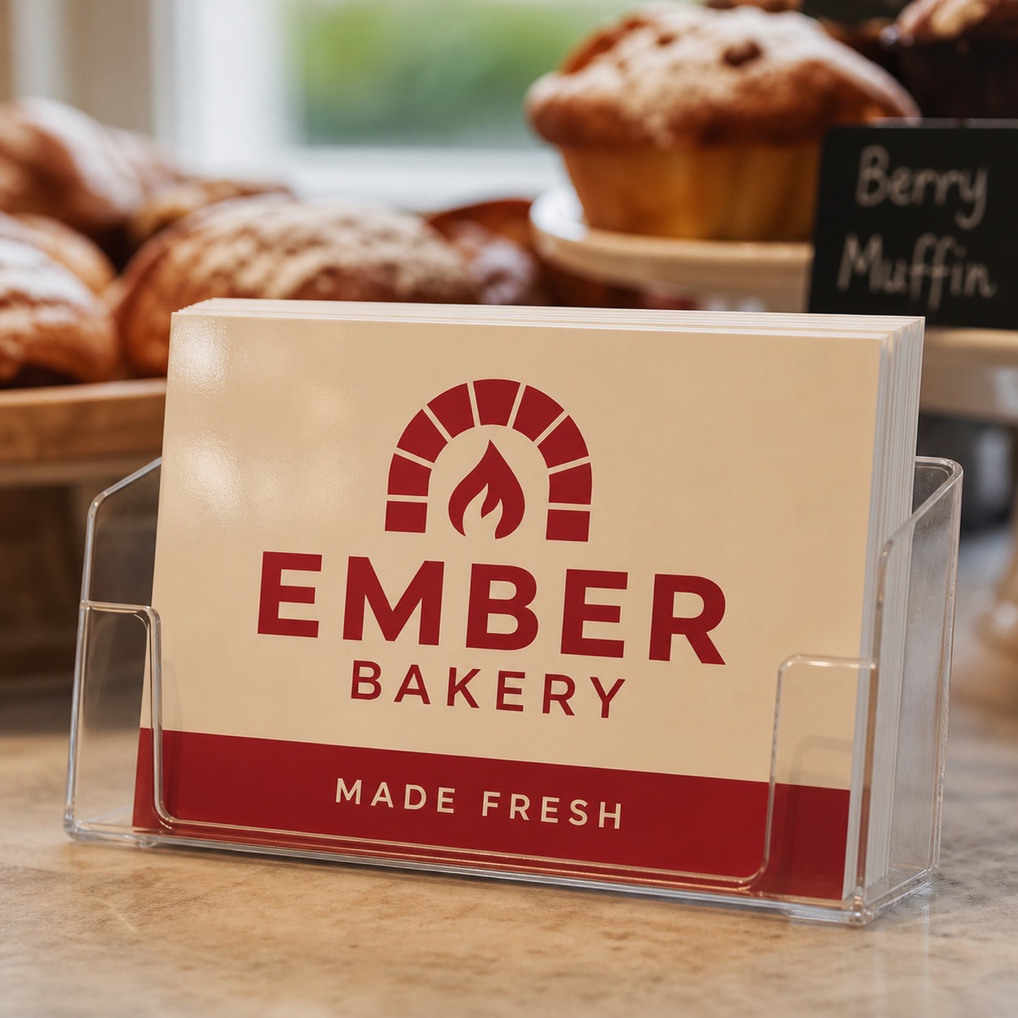 Premium Glossy Postcards in use - in a rack on a bakery counter