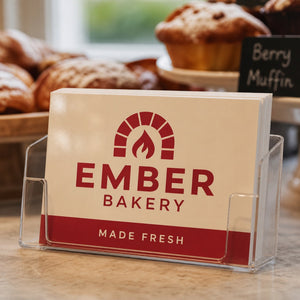 Premium Glossy Postcards in use - in a rack on a bakery counter