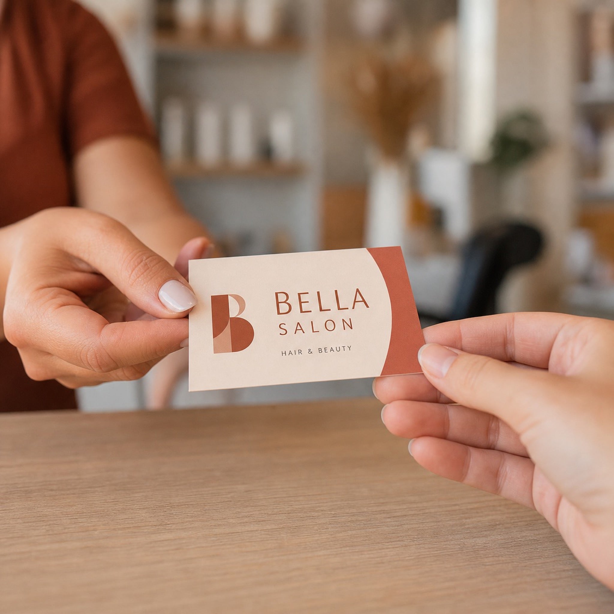 Premium Matte Business Cards in use - being handed across a light wooden salon reception counter from one hand to another