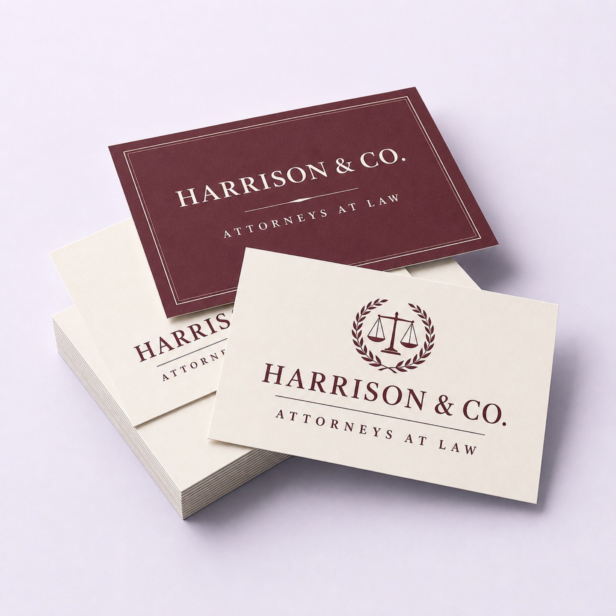 Premium Matte Business Cards printed as a law firm card, deep burgundy on off-white, formal serif type