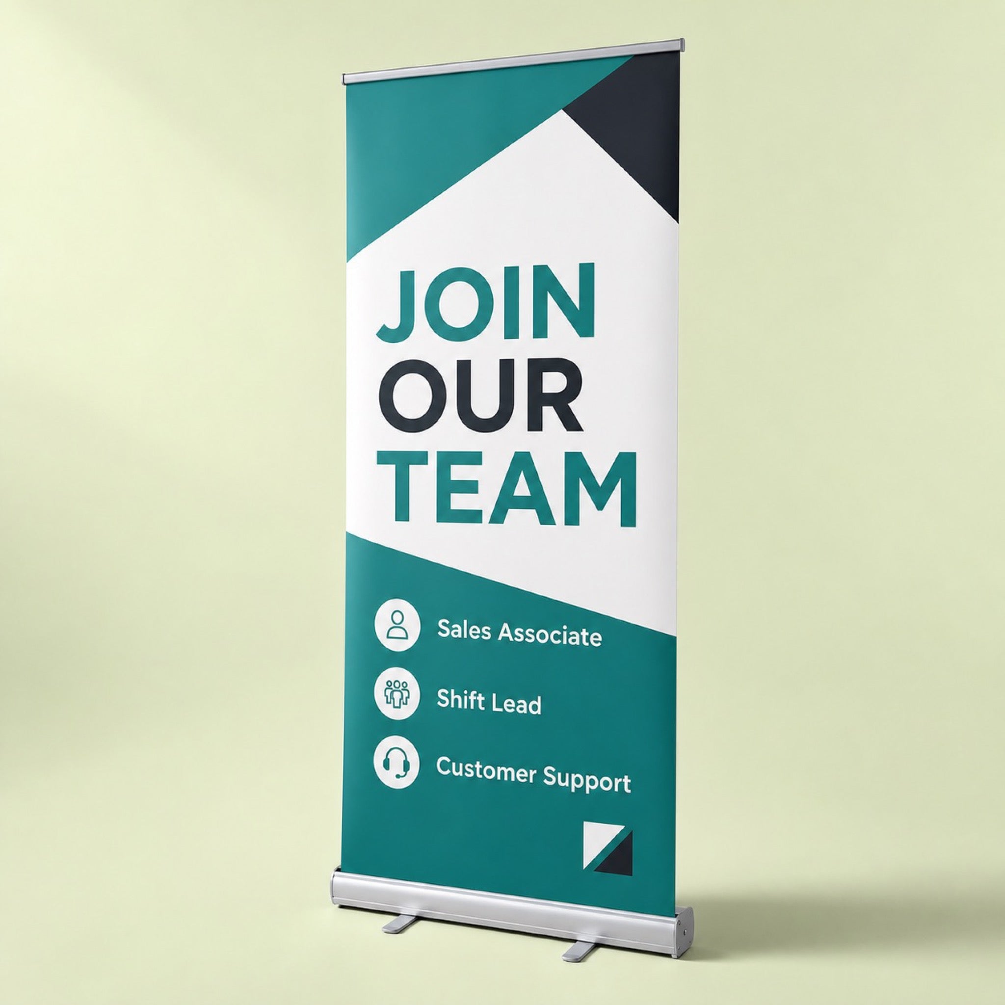 Premium Pull-Up Banner, 13oz matte vinyl, 33 x 81 inches, premium stand, shown in an alternate use