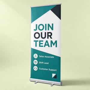 Premium Pull-Up Banner, 13oz matte vinyl, 33 x 81 inches, premium stand, shown in an alternate use