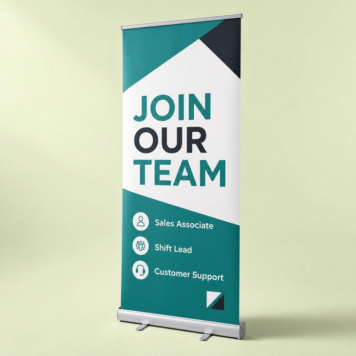 Premium Pull-Up Banner, 13oz matte vinyl, 33 x 81 inches, premium stand, shown in an alternate use