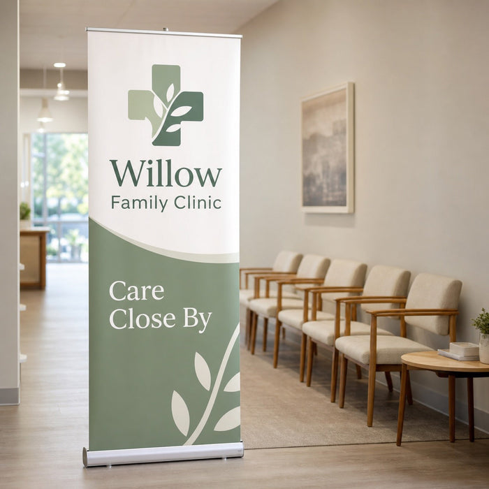 Premium Pull-Up Banner, 13oz matte vinyl, 33 x 81 inches, premium stand