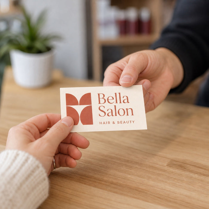 Premium Writable Business Cards in use - being handed across a light wooden salon reception counter from one hand to another
