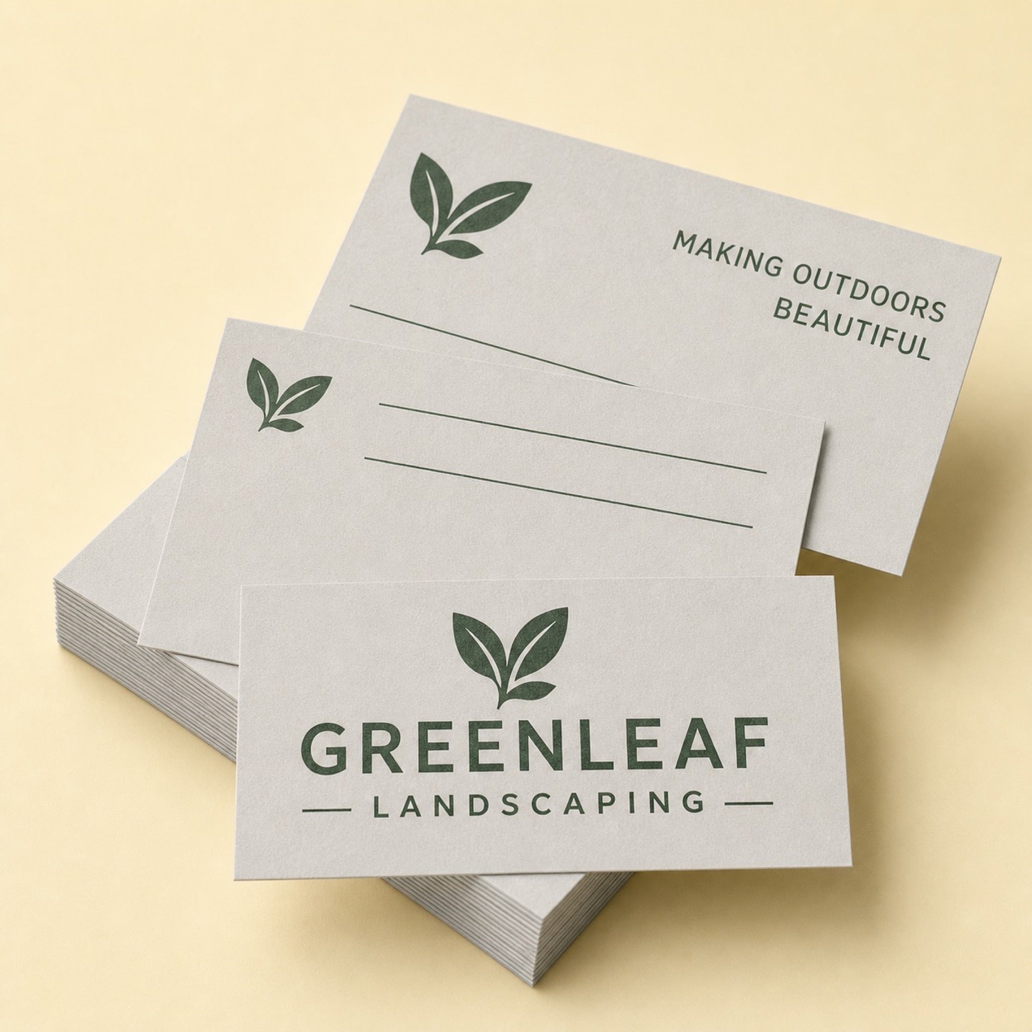 Premium Writable Business Cards printed as a landscaping card, forest green on pale grey with a small leaf mark