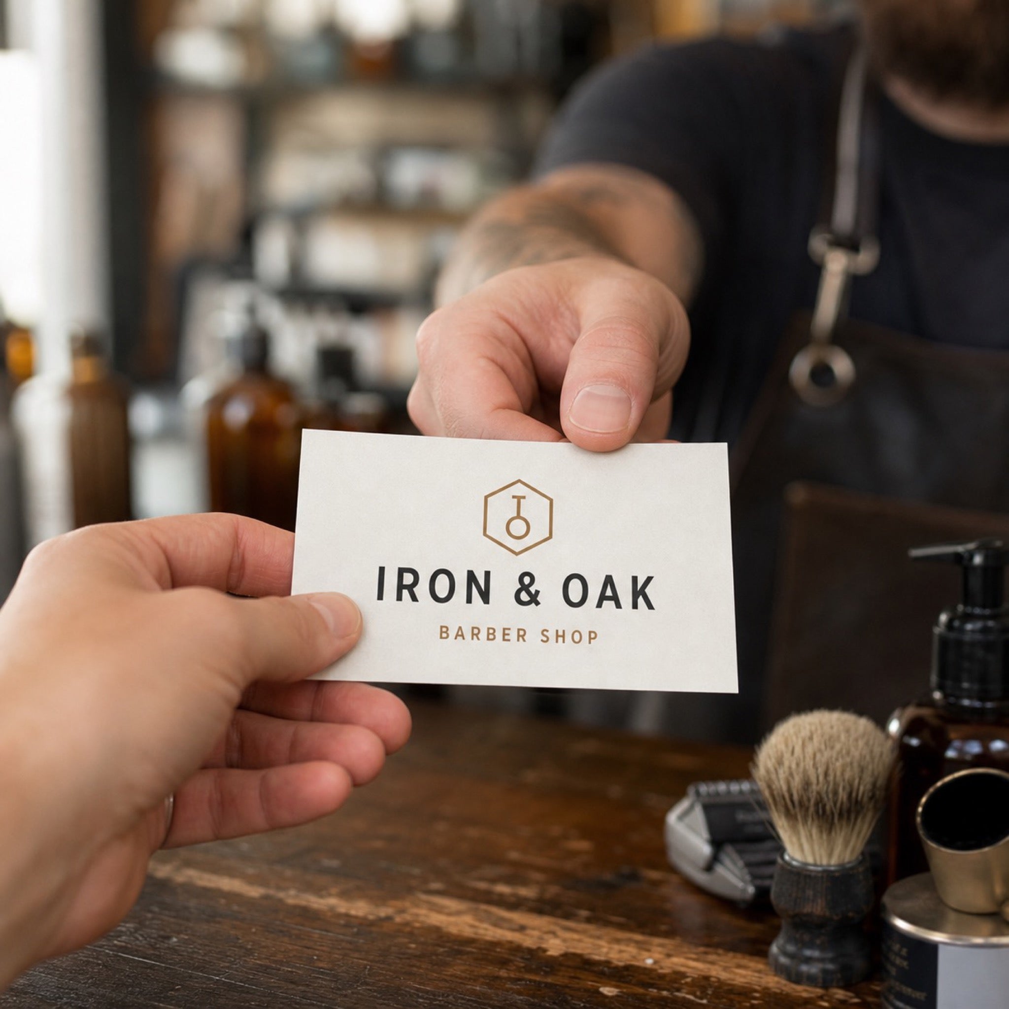 Premium Writable Business Cards in use - being handed across a workbench in a barber shop
