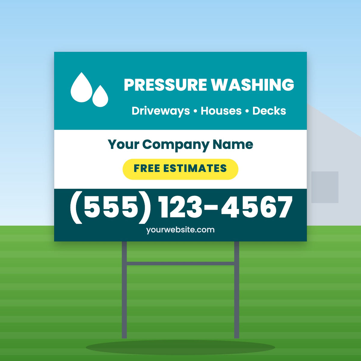 Pressure Washing Yard Sign Design 1: 24 x 18 yard sign on a steel H-stake in a front lawn