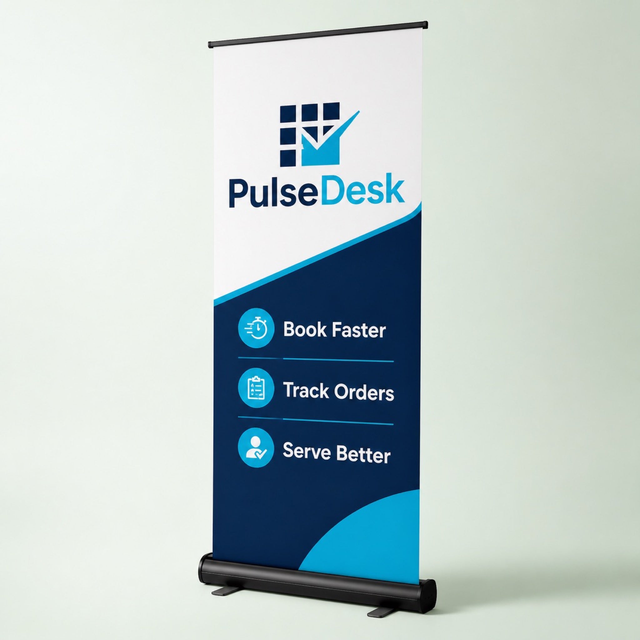 Pull-Up Banner Black Base, 13oz matte vinyl, 33 x 81 inches, black anodized base, shown in an alternate use