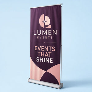 Pull-Up Banner with silver base printed on 13oz blockout banner vinyl in an aluminium retractable cassette, 33 inches wide by 80 inches tall, shown at an angle