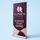 Pull-Up Banner with silver base printed on 13oz blockout banner vinyl in an aluminium retractable cassette, 33 inches wide by 80 inches tall, shown at an angle