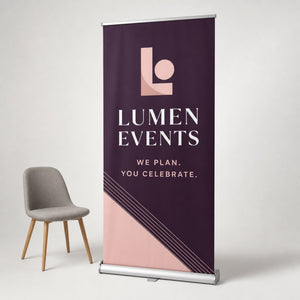 Pull-Up Banner with silver base shown at its 33 inches wide by 80 inches tall size