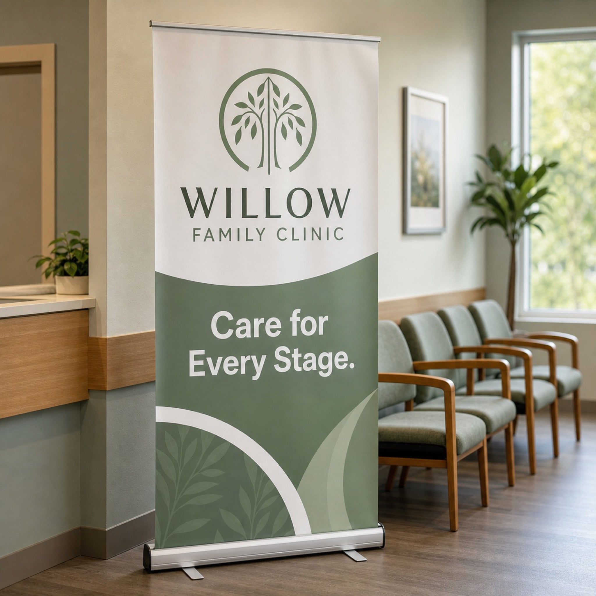 Pull-Up Banner with silver base in use - in a clinic waiting room beside a row of chairs