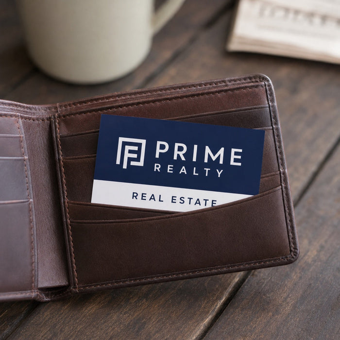 Quick Ship Business Cards in use - tucked into the card slot of an open leather wallet on a dark wood table