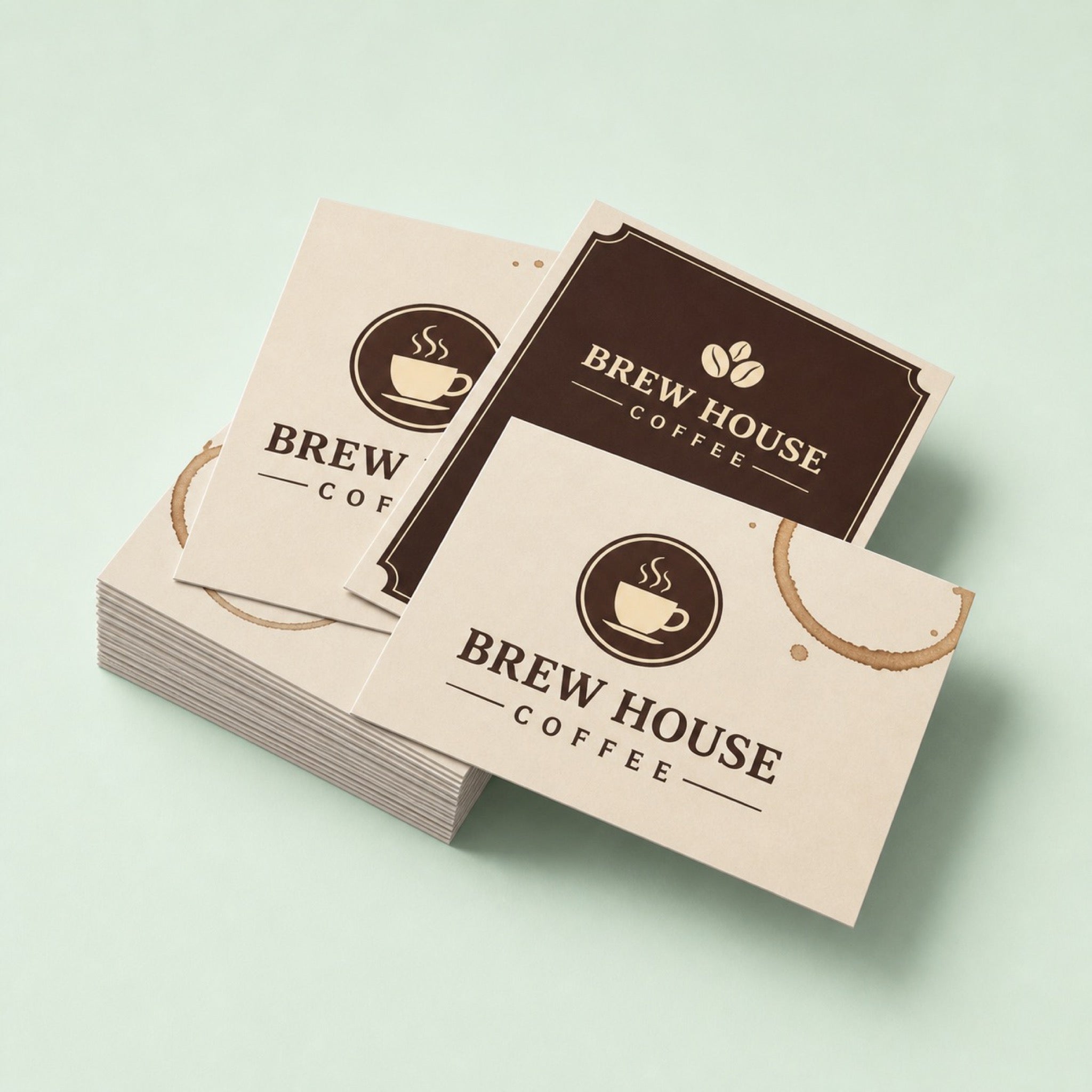 Quick Ship Business Cards printed as a coffee shop card, espresso brown on cream with a small cup mark