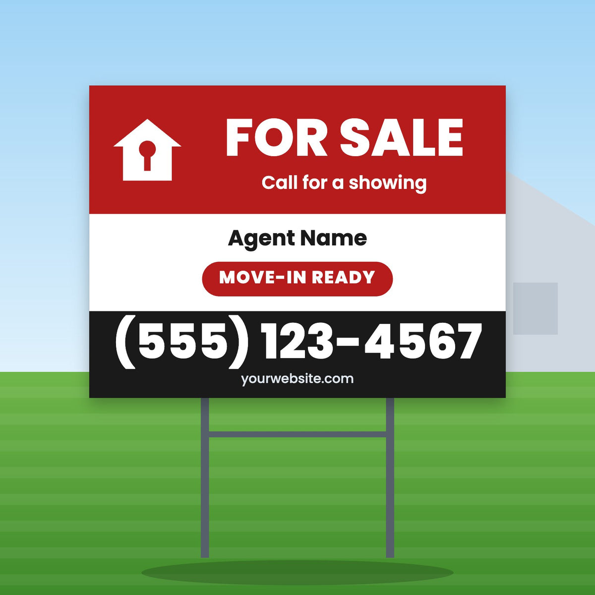 Real Estate Yard Sign Design 1: 24 x 18 yard sign on a steel H-stake in a front lawn