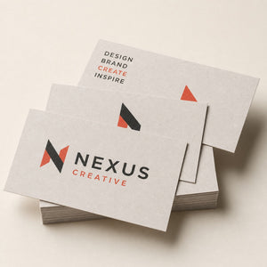 Recycled Business Cards printed on 13PT uncoated 100% recycled card stock, 3.5 x 2 inches, shown at an angle