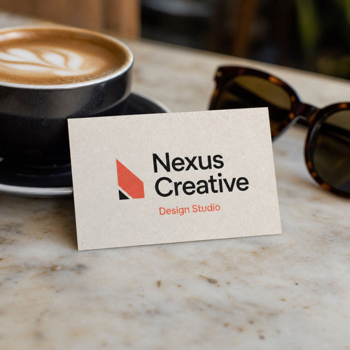 Recycled Business Cards in use - resting on a marble cafe table next to a flat white coffee and a pair of sunglasses