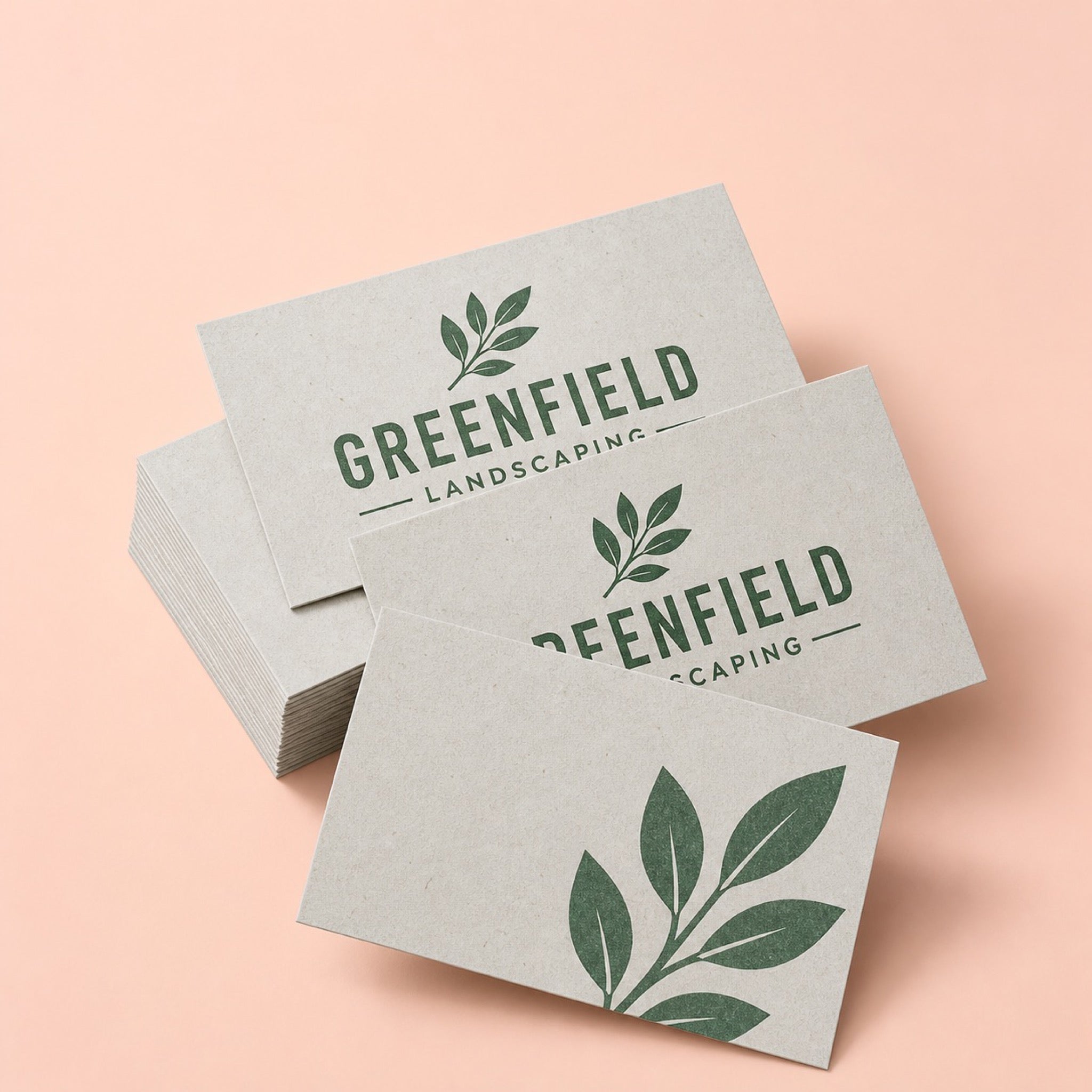 Recycled Business Cards printed as a landscaping card, forest green on pale grey with a small leaf mark