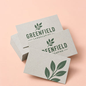 Recycled Business Cards printed as a landscaping card, forest green on pale grey with a small leaf mark