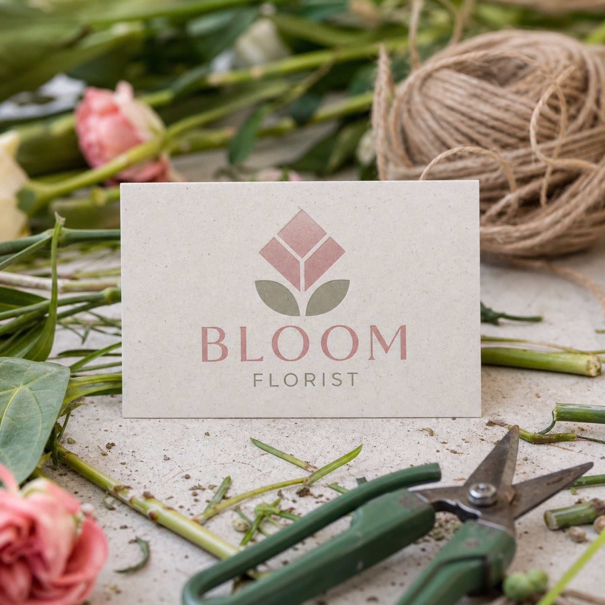 Recycled Business Cards in use - on a florist's bench among cut stems and twine