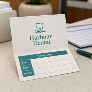 Recycled Folded Business Cards, 13pt Enviro stock, 100% recycled, folds to 3.5 x 2 inches