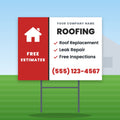 Roofing Yard Sign Design 2: 24 x 18 yard sign on a steel H-stake in a front lawn