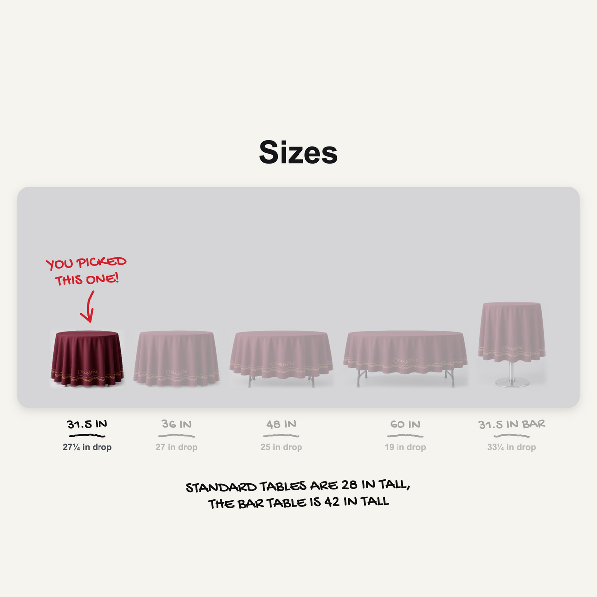 Round table cover sizes to scale, 31.5 in table picked, 27.25 in drop