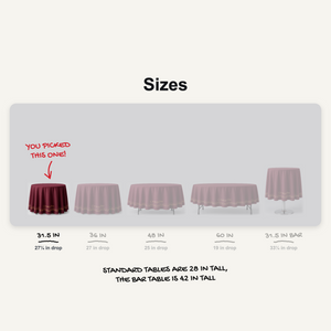 Round table cover sizes to scale, 31.5 in table picked, 27.25 in drop