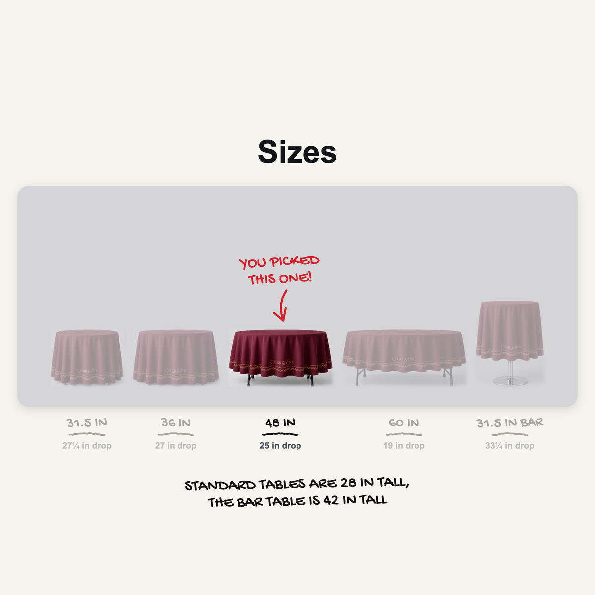 Round table cover sizes to scale, 48 in table picked, 25 in drop