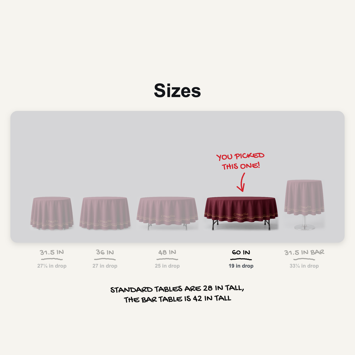 Round table cover sizes to scale, 60 in table picked, 19 in drop