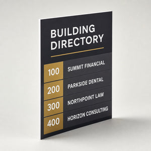 Sintra Board Signs printed as a building directory, four tenant names in a clean vertical list with suite numbers