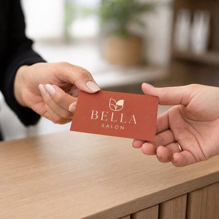 Soft Touch Business Cards in use - being handed across a light wooden salon reception counter from one hand to another