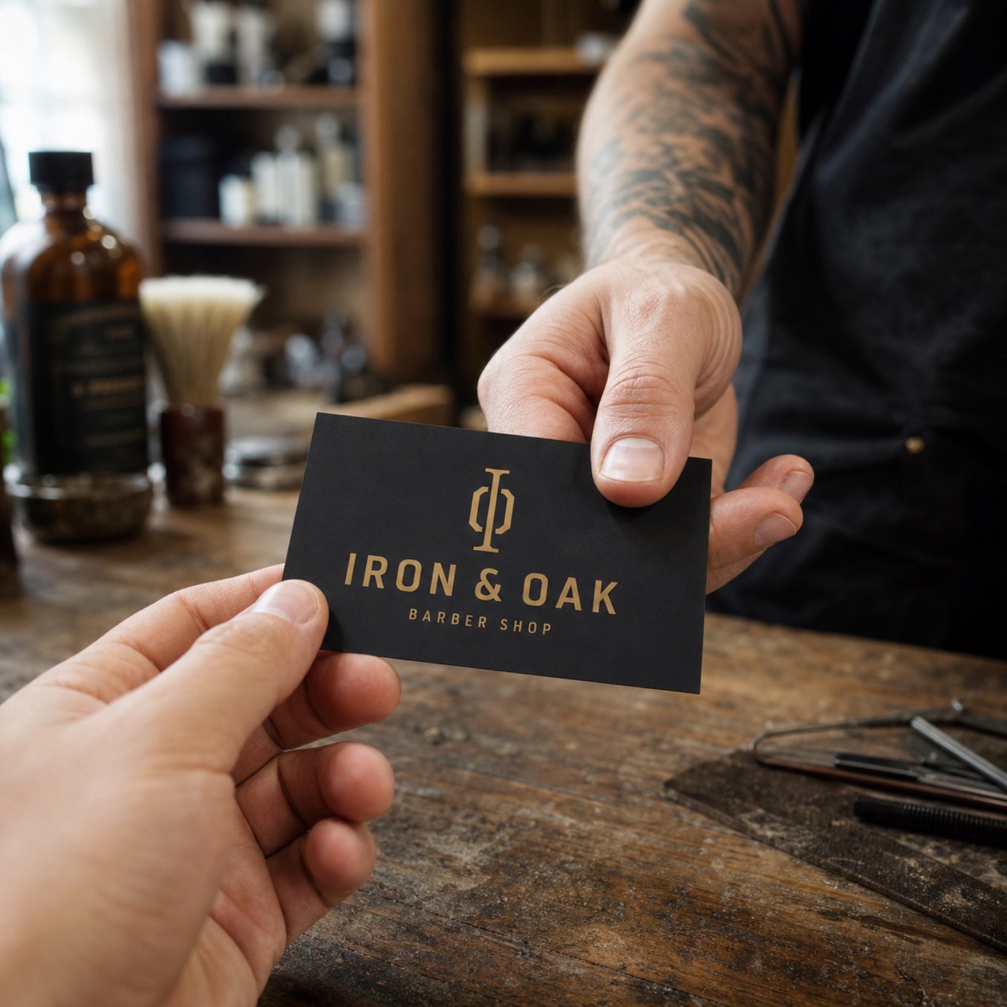 Soft Touch Business Cards in use - being handed across a workbench in a barber shop