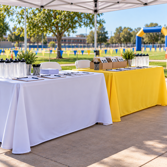 Solid white and solid yellow table throws on registration tables at an outdoor event