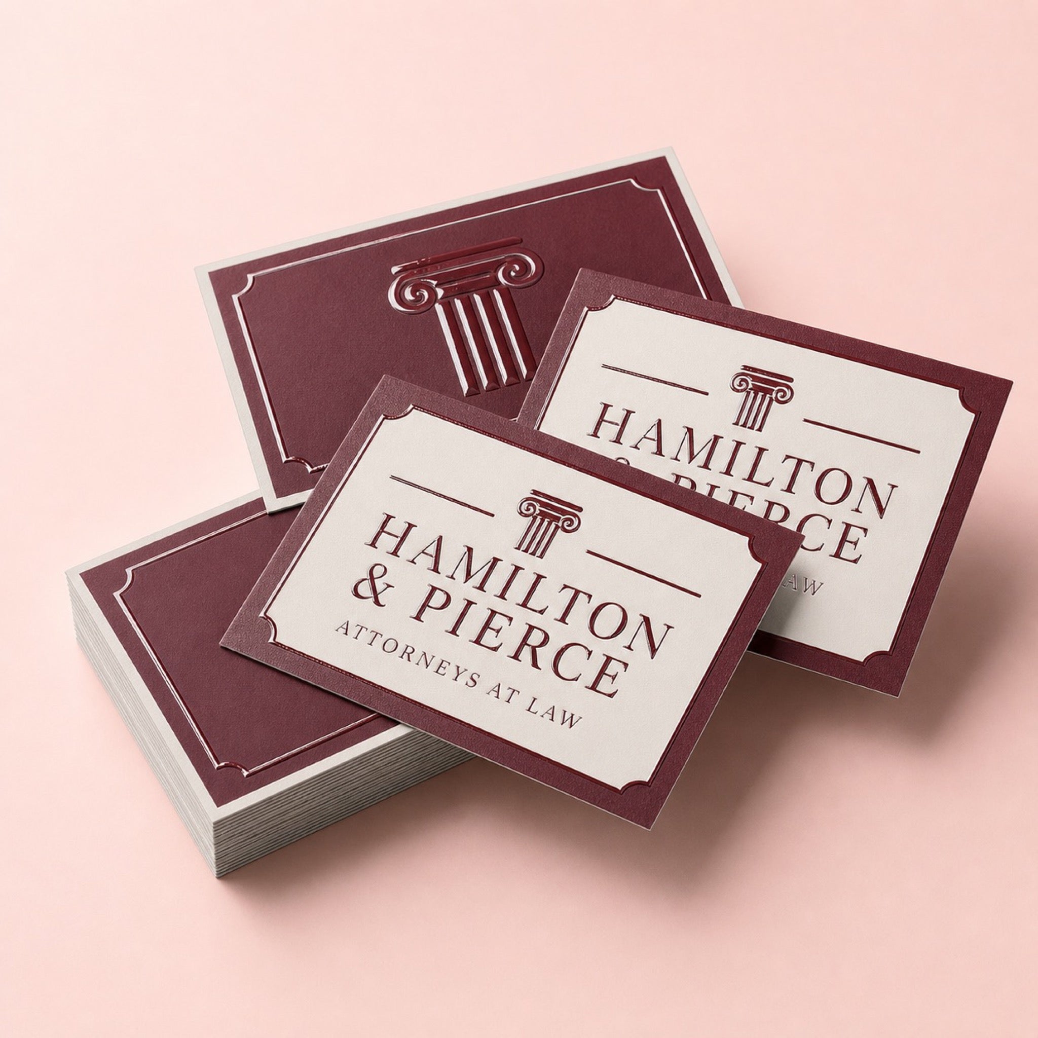 Spot UV Business Cards printed as a law firm card, deep burgundy on off-white, formal serif type