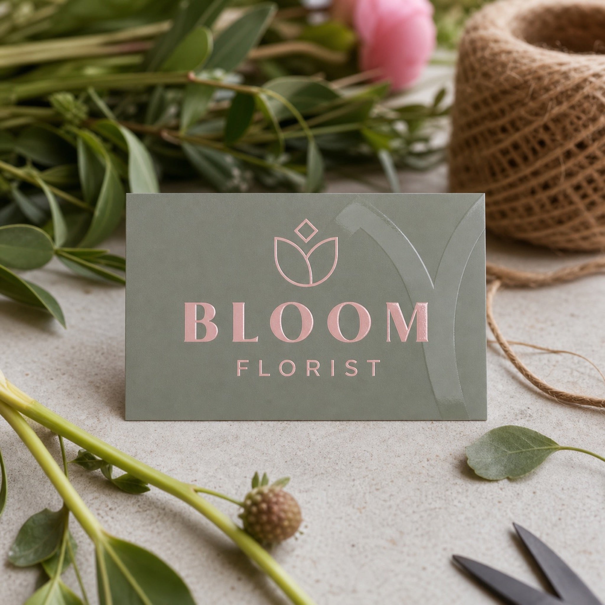 Spot UV Business Cards in use - on a florist's bench among cut stems and twine