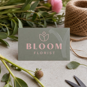 Spot UV Business Cards in use - on a florist's bench among cut stems and twine