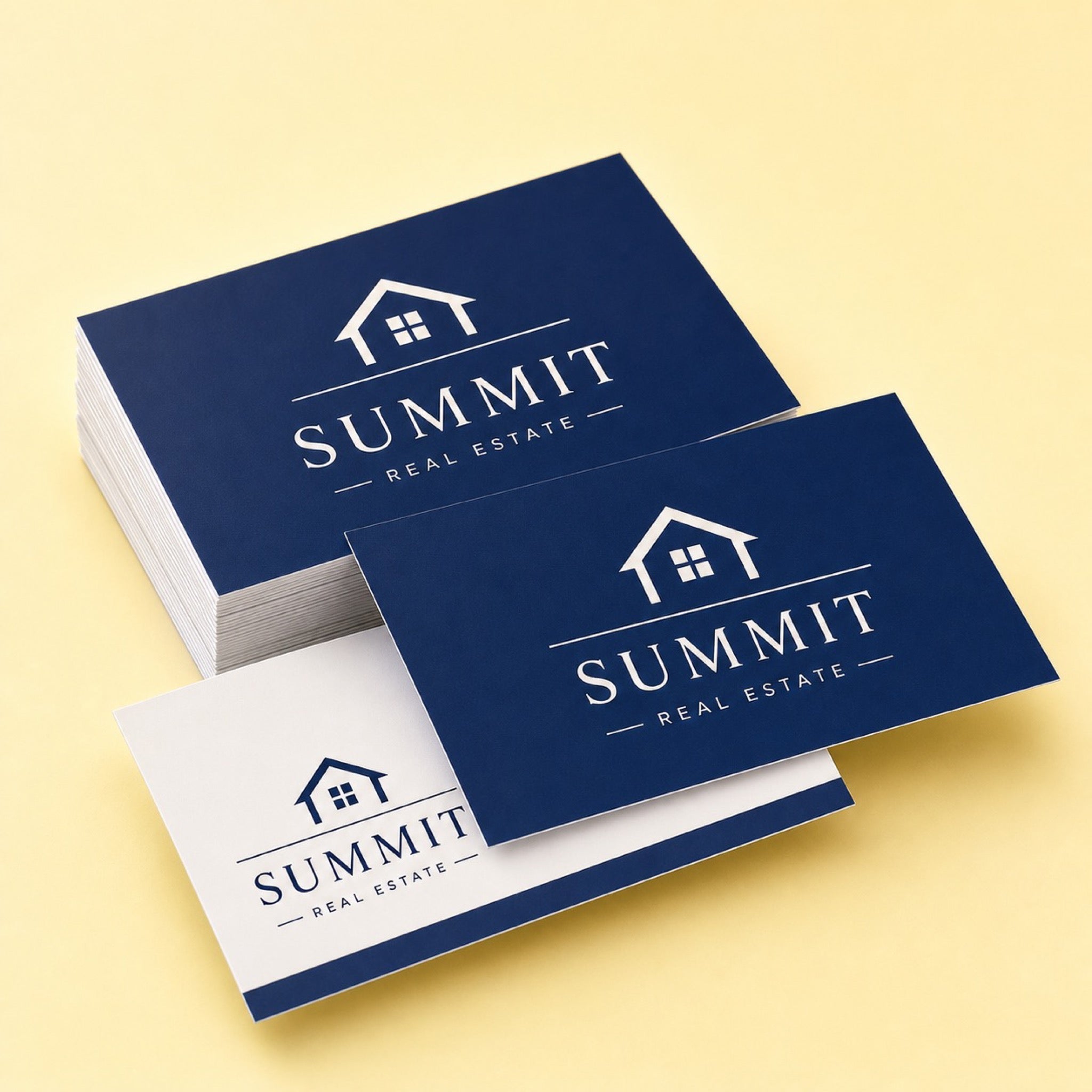 Standard Business Cards printed as an estate agency card, deep navy and white with a small house mark
