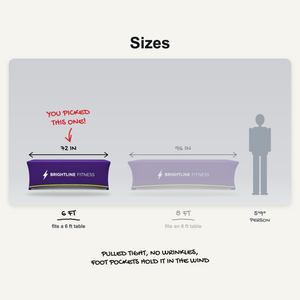 Stretch table cover sizes: 6 ft and 8 ft to scale, 6 ft picked