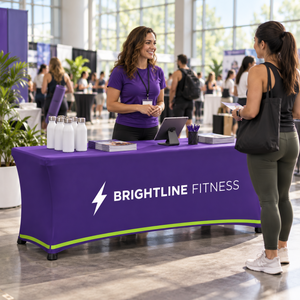Printed stretch table cover at a wellness expo booth