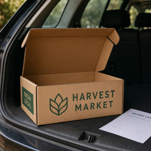 Supply Boxes in use - in an open car boot beside a delivery list