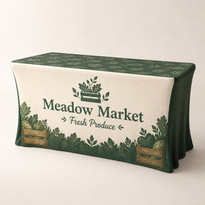 Table Covers 6 ft, printed polyester, fits a standard 6 ft folding table, shown in an alternate use