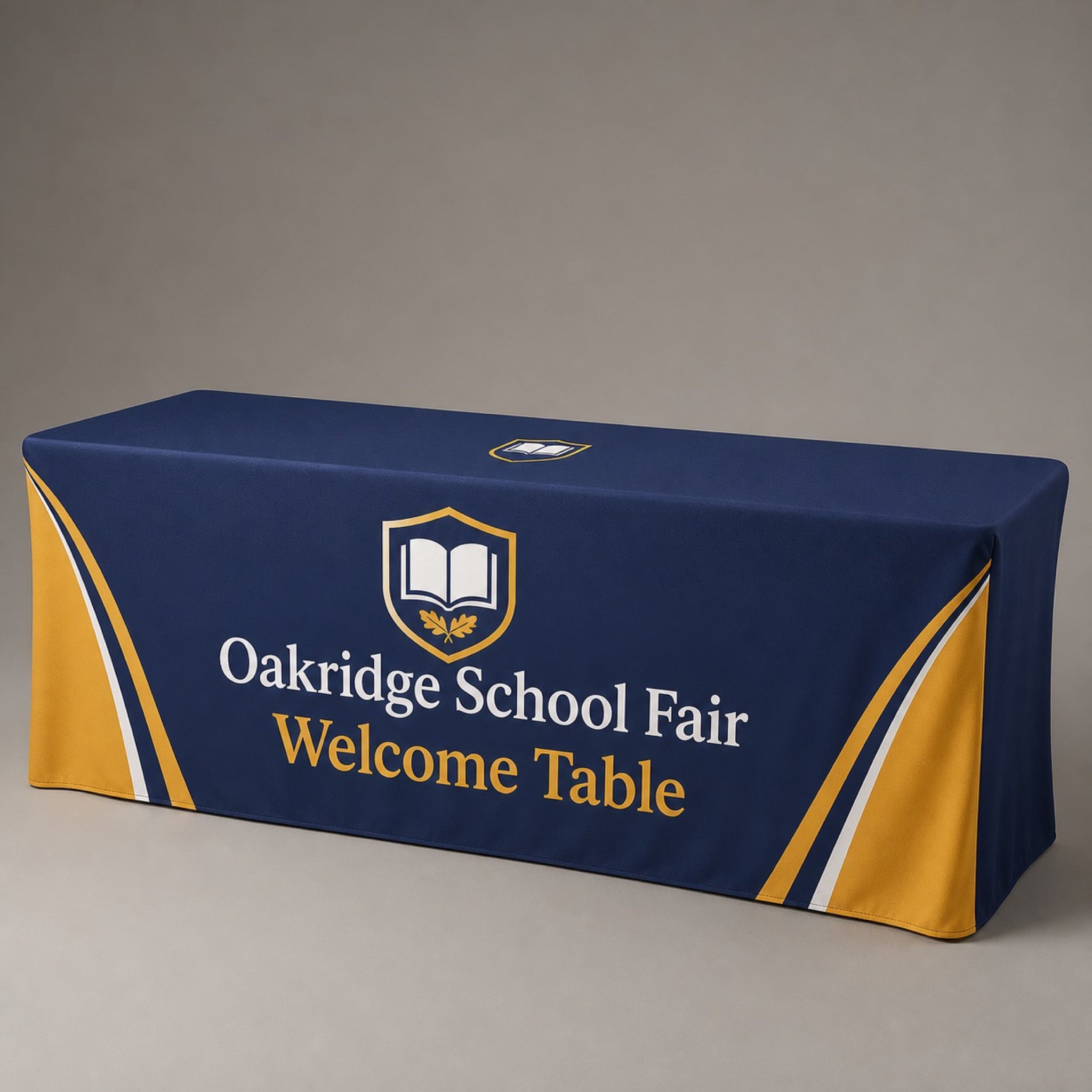 Table Covers 8 ft, printed polyester, fits a standard 8 ft folding table, shown in an alternate use