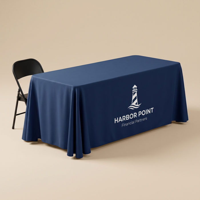 Printed table throw on a 6 ft folding table shown beside a chair for scale
